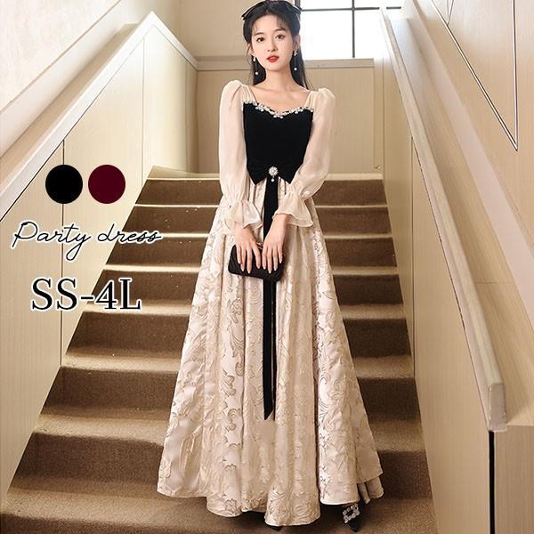 ドレス 大人 ロング丈 大きいサイズ イブニングドレス 演奏会 ピアノ発表会 袖付き ワンピース A...