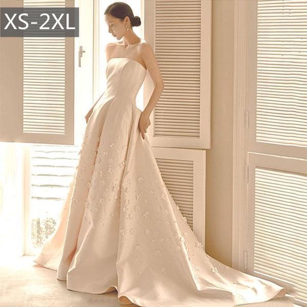 ウェディングドレス プリンセスドレス ノースリーブ ベアトップ 光沢感 スレンダーライン ホワイトド...