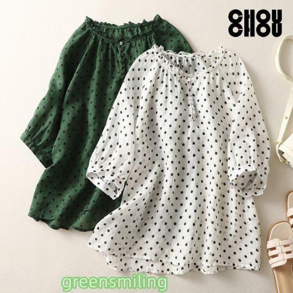 シャツブラウス レディース リネンブラウス 夏 トップス 5分袖 ドット柄ブラウス カジュアル ナチ...