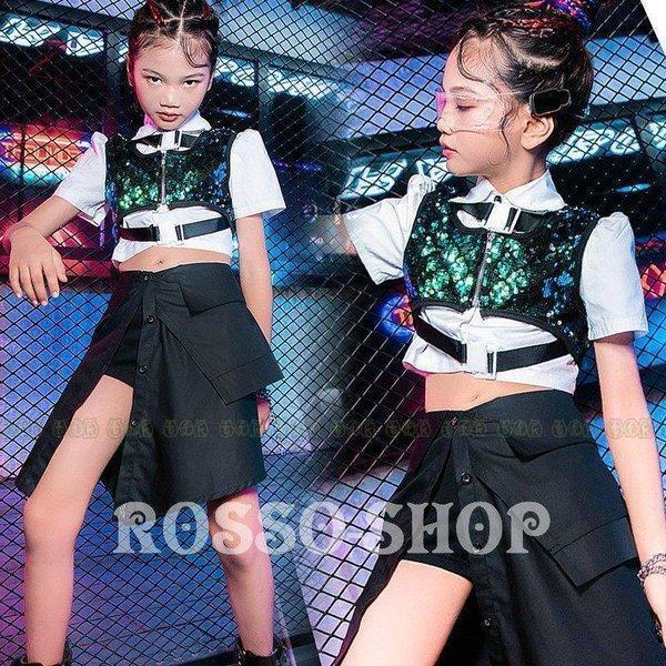 キッズ ダンス衣装 ガールズ キラキラ スパンコール チア チアガール 韓国 ヒップホップ ジャズダ...