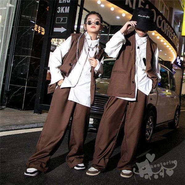 ダンス衣装 ヒップホップ セットアップ スーツコーヒー ベスト ロングパンツ 白シャツ キッズダンス...