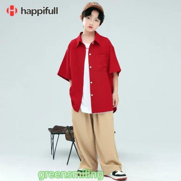 キッズダンス衣装 セットアップ 発表会 赤 シャツ レッド シャツ 無地 半袖 シャツ かっこいい ...