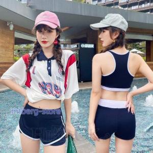 水着 レディース 体型カバー 中学生 高校生 10代 スポーティー 可愛い スイムウェア 3点セット　夏 海　水泳服