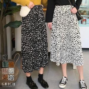 スカート レディース プリーツスカート ロング ミディアム 膝下 ダルメシアン レオパード ドット アニマル ヒョウ柄 春夏 秋冬 ウエストゴム M0