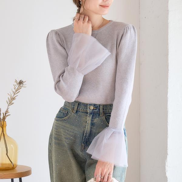 SALE 袖チュール リブニット レディース インナーニット 薄手ニット ラウンドネック 無地 フレ...