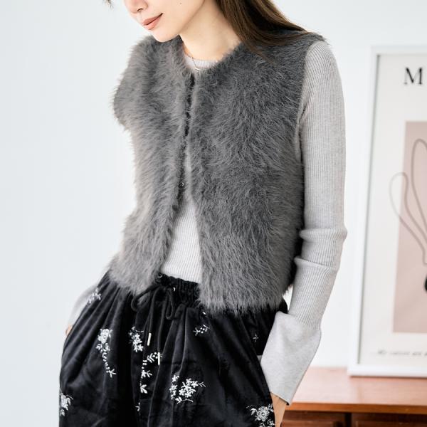 ニットベスト レディース 前開き 秋冬 ジレ ミンクライク トップス ショート丈 ノースリーブ ラウ...