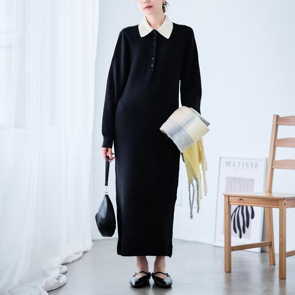 配色ポロ ニットワンピース ロング 長袖 レディース 襟付き ポロニットワンピース 秋冬 Iライン ...