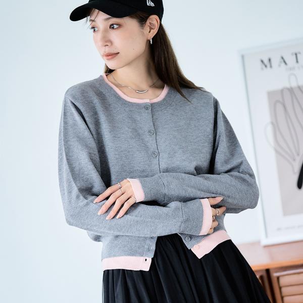 レイヤード風 配色ニットカーディガン レディース 長袖 トップス きれいめ 体型カバー 羽織り 重ね...