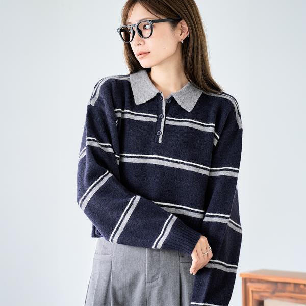 配色ポロ襟 ボーダーニット ニット レディース ショート丈 クロップド 長袖 トップス 前ボタン ポ...