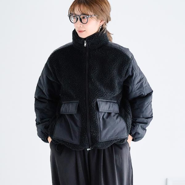 SALE ボアジャケット レディース スタンドネック ボア切替 キルト ボアブルゾン ボアコート ア...