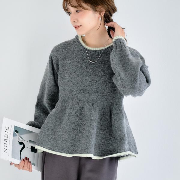 配色 ペプラムニット レディース 長袖 秋冬 クルーネック 丸襟 アルパカタッチ ニットプルオーバー...