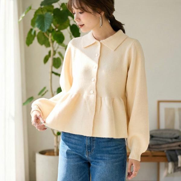 襟付き ペプラムニット トップス 長袖 プルオーバー レディース セーター カーディガン ボリューム...