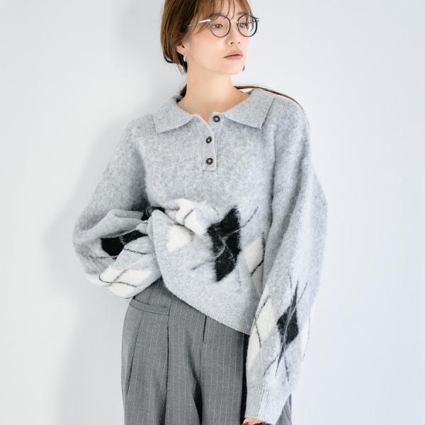 アーガイル ポロニット ポロ ニット レディース 長袖 秋冬 ウール混 ボリューム袖 ぽわん袖 起毛...