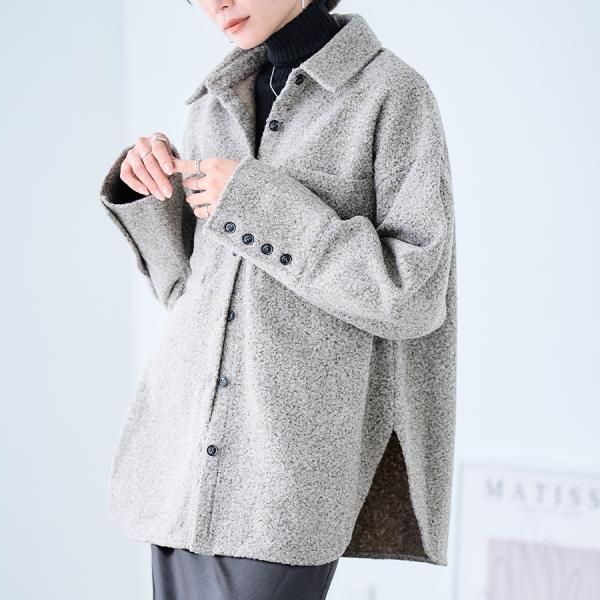 ループツイード シャツジャケット 厚手 ビッグカフス 長袖 アウター レディース 秋冬 羽織り 体型...