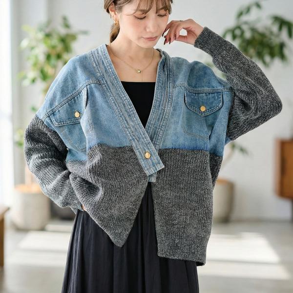 デニムドッキング ネップニットカーディガン デニム切替 レディース 長袖 羽織り ラメ混 ネップ ノ...