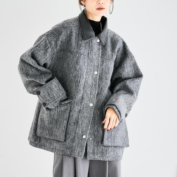 襟レザー シャギー コート レディース ミドルコート カバーオール ジャケット 異素材 フェイクレザ...