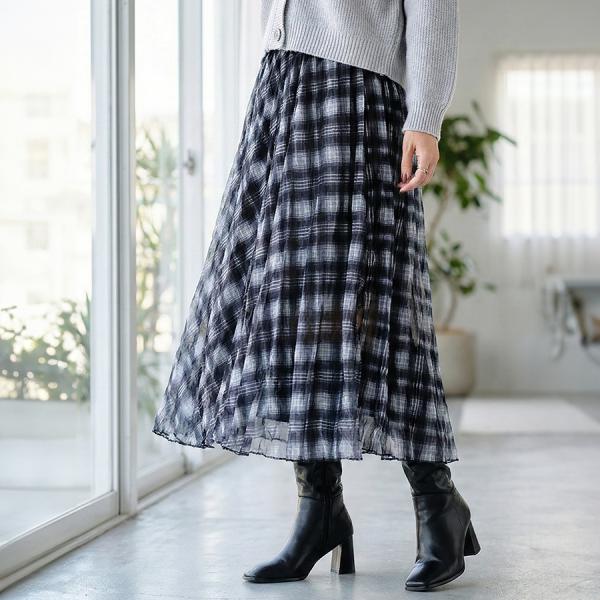 裾ヘムチェック柄プリーツスカート