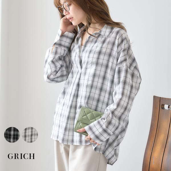 シャツ レディース シアー チェック スキッパー オーバーサイズ トップス 体型カバー 長袖 ブラウ...