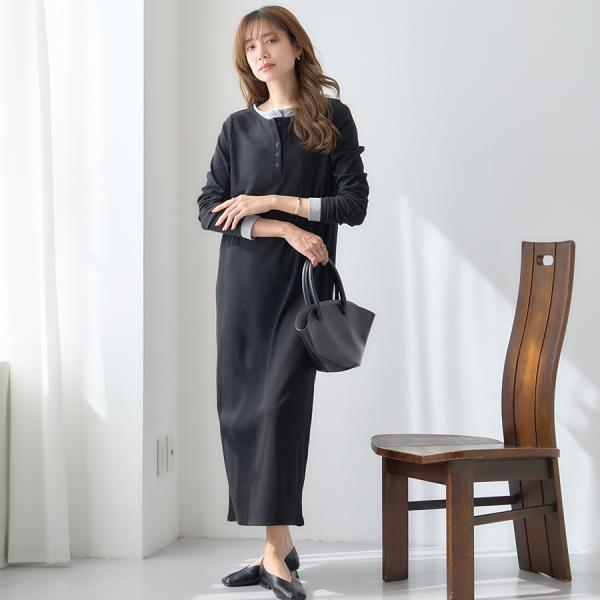 SALE カットリブ レイヤードヘンリーネックワンピース
