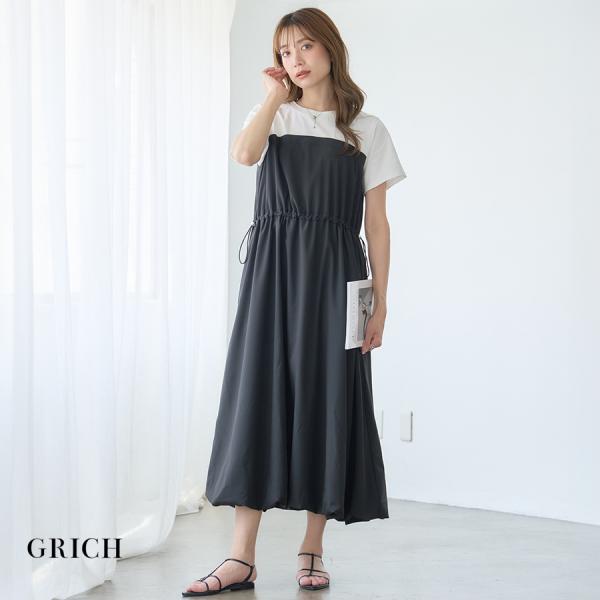 一枚でサマ見え！異素材×バルーン 半袖ドッキングバルーンワンピース