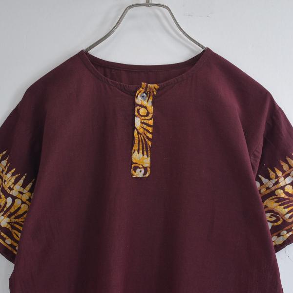 Used エスニックデザイン バティック柄 ヘンリーネック プルオーバーシャツ 半袖 トライバル柄 ...