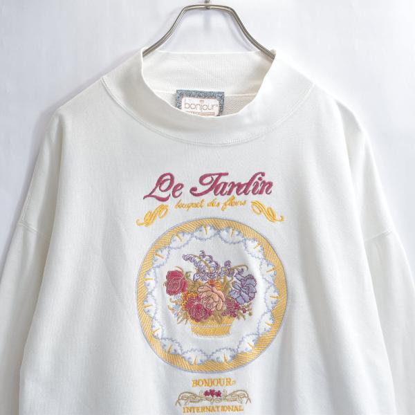 80〜90s bonjour ボンジュール フラワー刺繍 デザイン モックネック スウェットシャツ ...
