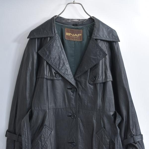 70s-80s LaNAP ラナップ 本革 ワイドカラー ダブルブレスト レザー トレンチコート ブ...