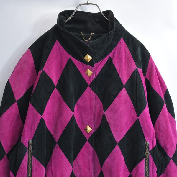 80s〜 Giorgio Mobiani チェッカーパターン ダイヤ柄 スエードレザー スタッズデザ...