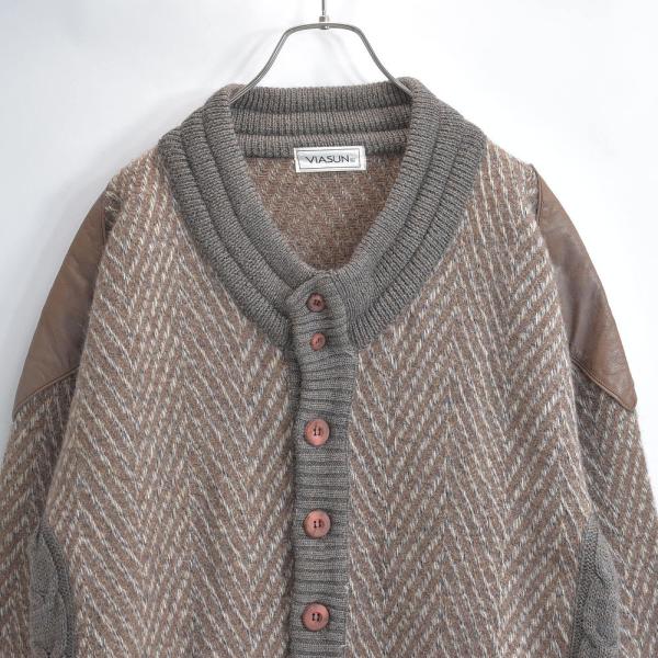 80s Used VIASUN ビアサン レザー切替 ヘリンボーン ケーブル編み クラシックデザイン...