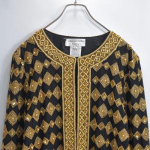 80〜90s ADRIANNA PAPELL アドリアナパペル デコレーション デザイン ノーカラー シルク ジャケット シルク