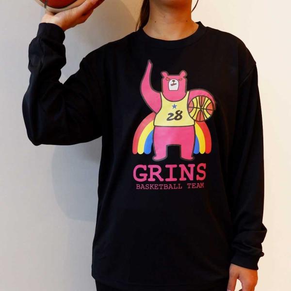 バスケ長袖Tシャツ 「グリンベア：ピンクま 」（140-3L） バスケロンT バスケウェア バックプ...