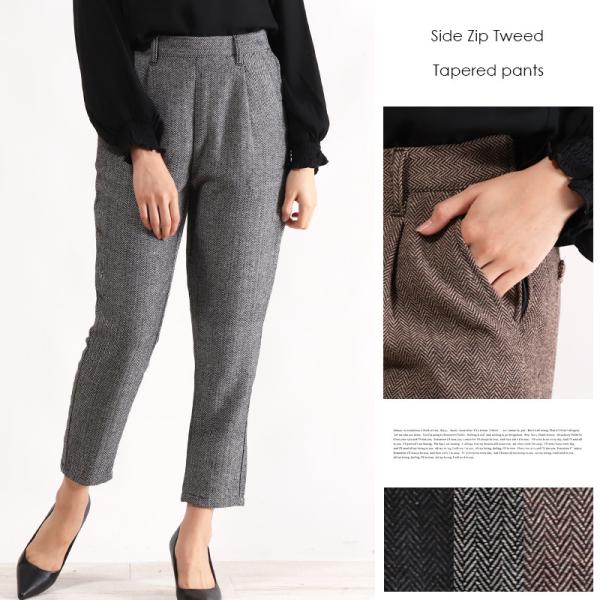 美ライン ポケット付きツイードテーパードパンツハイウエストボトムストライプ(T)