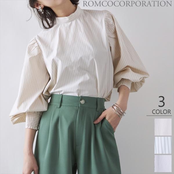 3柄プチハイネックストライプ柄ボリューム袖ブラウス[K](T)