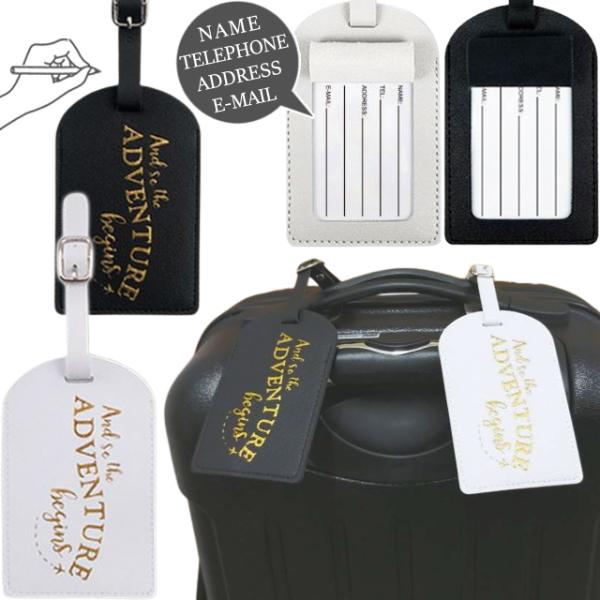 ネームタグ ラゲッジタグ 箔押し 金色 ロゴ 黒 白 ADOVENTURE 飛行機 PUレザー 隠せ...