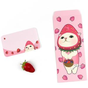 Jetoy ジェトイ Choochoo本舗 猫雑貨 猫のミニカード付き長封筒 いちご柄 ねこ ピンク