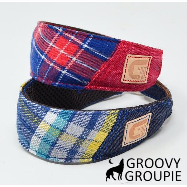 【小型犬用】ハーフチョークチェック＆デニム(red&amp;blue)　ミニピン・イタグレに！ 【セミオーダ...