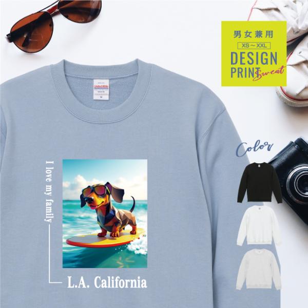 愛犬 スウェット トレーナー 犬 ダックスフンド ブラック タン サーフィン 西海岸 スクエア プリ...