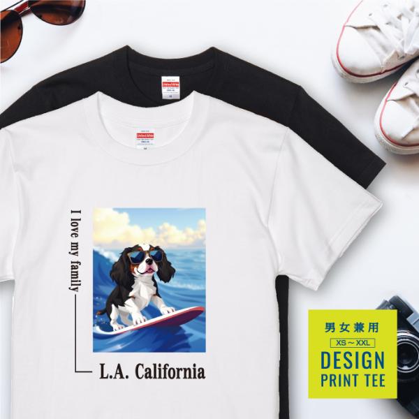 愛犬 Tシャツ 犬 キャバリア トライカラー サーフィン 西海岸 スクエア プリント 半袖 服 プレ...