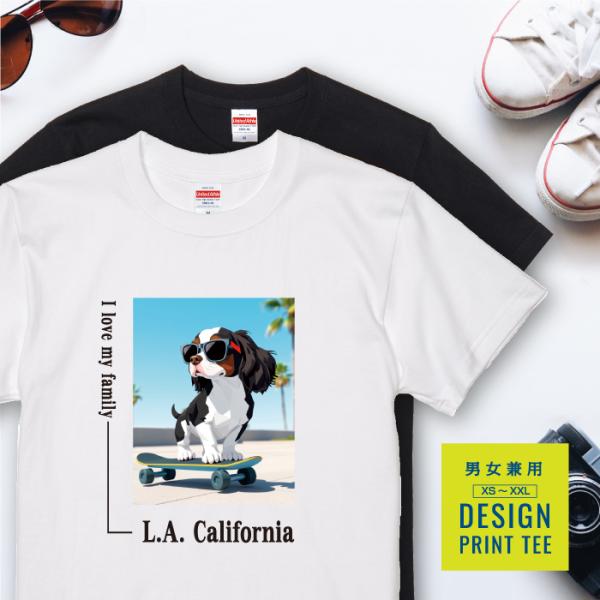 愛犬 Tシャツ 犬 キャバリア トライカラー スケボー 西海岸 スクエア プリント 半袖 服 プレゼ...