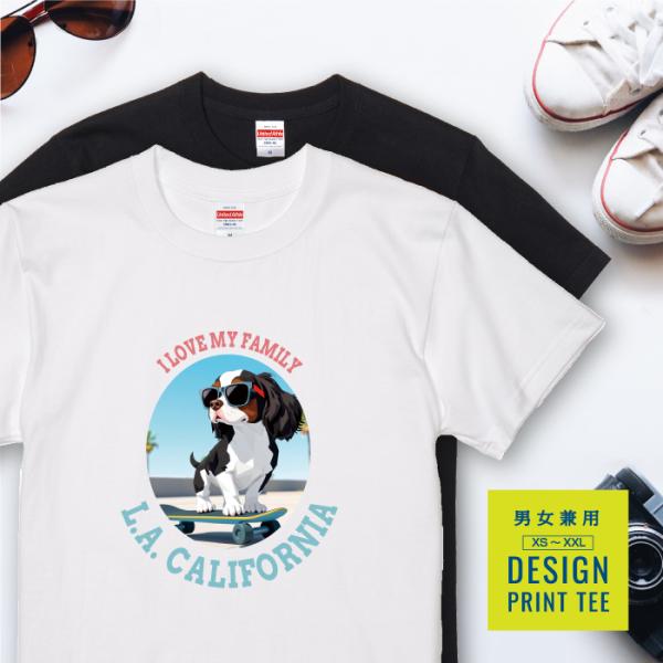 愛犬 Tシャツ 犬 キャバリア トライカラー スケボー 西海岸 カレッジ プリント 半袖 服 プレゼ...