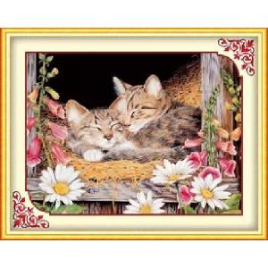 クロスステッチ刺繍キット 可愛い熟睡猫2匹 図柄印刷 A401｜gs-shop