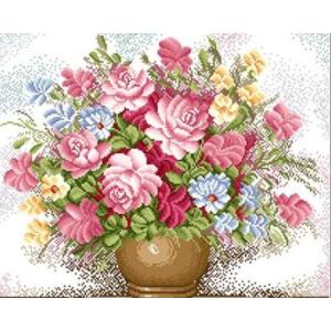ししゅう糸 クロスステッチ刺繍キット 布地に図柄印刷 ピンク薔薇花瓶｜gs-shop