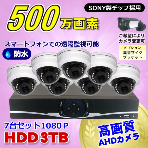 防犯カメラ 500万画素 8CH DVR レコーダー SONY 防水 ドームカメラ 7台 セット H...