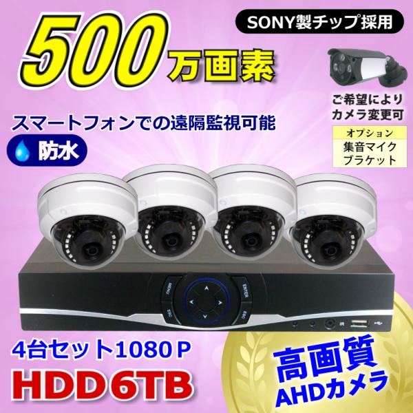 防犯カメラ 500万画素 4CH DVR レコーダー SONY 防水 ドームカメラ 4台 セット H...