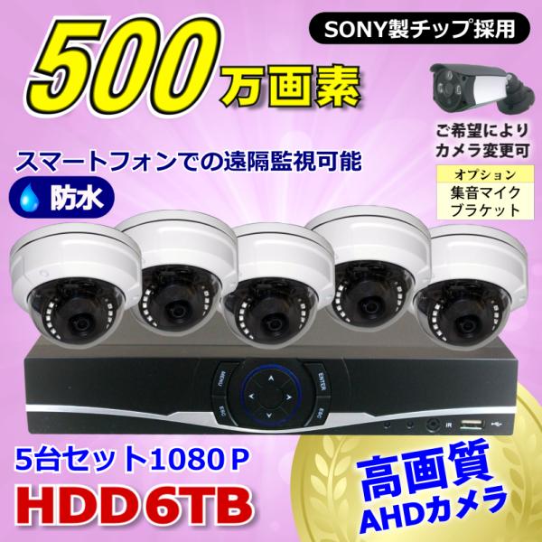 防犯カメラ 500万画素 8CH DVR レコーダー SONY 防水 ドームカメラ 5台 セット H...