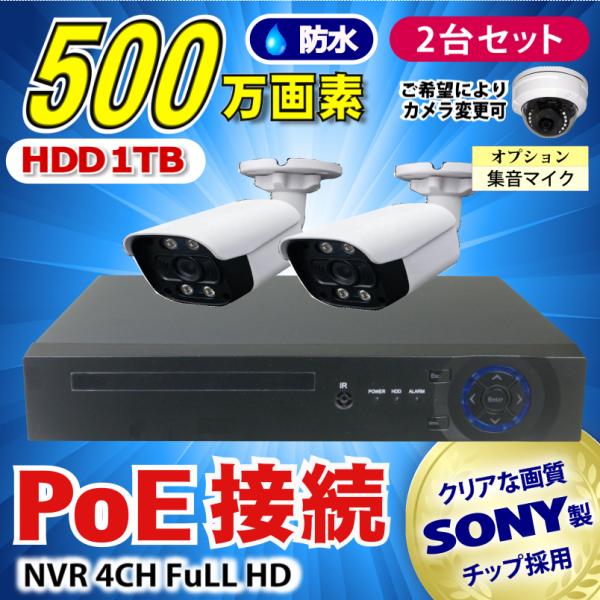 防犯カメラ 500万画素 4CH POE レコーダーSONY製IPカメラ2台セット (LAN接続）H...