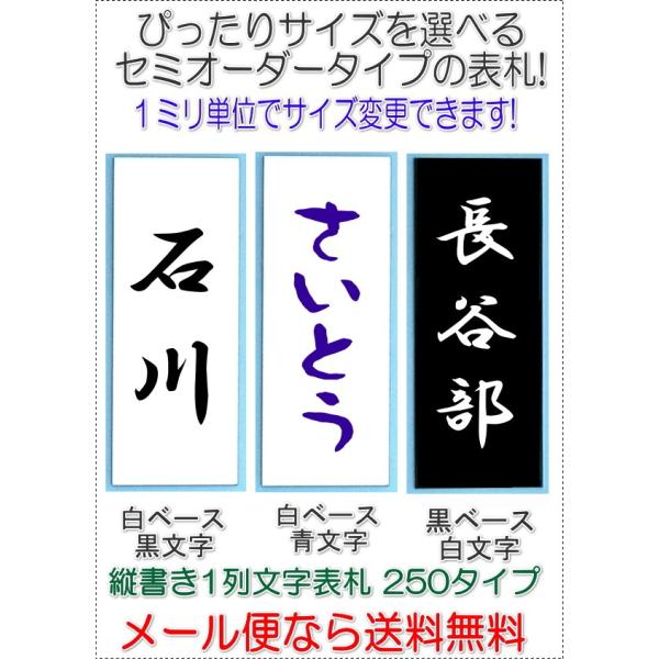 サイズ変更できるアクリル長方形表札一列L250タテ文字白地黒 白地青 黒字白 R1005-ttwwb...