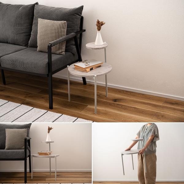 2段サイドテーブル コーヒーテーブル ソファ ベッドサイド 机 円形 リビング 寝室 玄関 石目調 ...