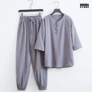甚平上下セット メンズ コットン ヘンリーネッ...の詳細画像3
