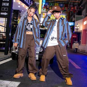キッズダンス衣装 女の子 ストライプ 男の子 ダンス 長袖 衣装 ブラック 縞柄 Tシャツ ブラウン ロングパンツ 男女兼用 韓国 子供服 ヒップホップ 120-180cm